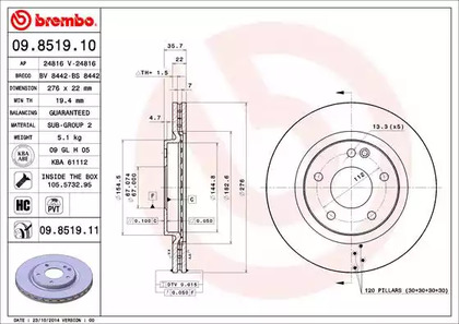 Тормозной диск BREMBO 09.8519.11