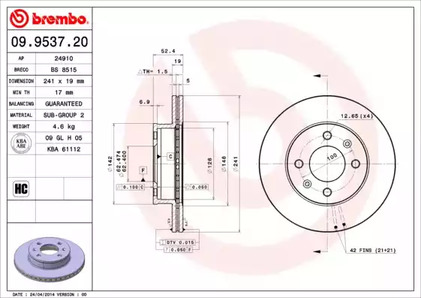 09.9537.20 BREMBO Тормозной диск