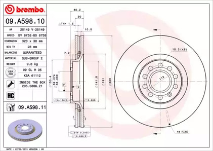 09.A598.11 BREMBO Диск тормозной