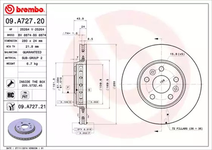 09.A727.21 BREMBO Тормозной диск