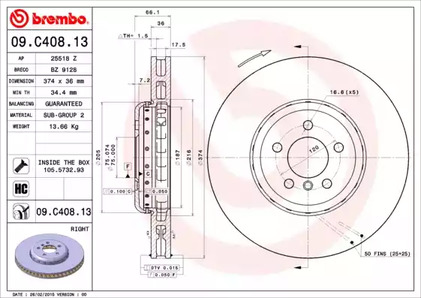 Диск тормозной BREMBO 09.C408.13