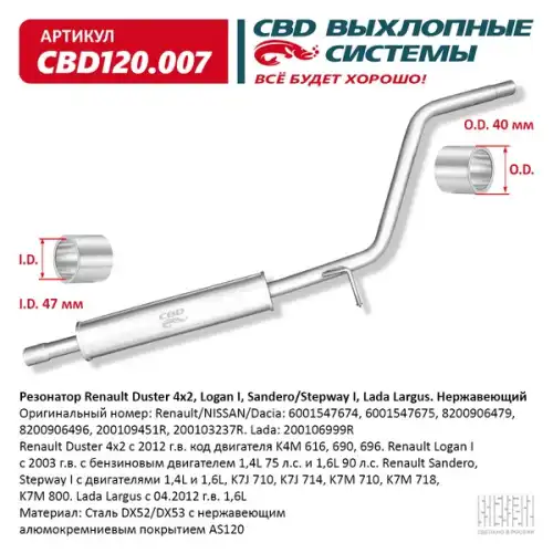 Глушитель средн часть renault duster i 4x2 logan i sandero/stepway i lada largus нерж.
