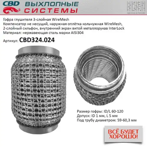 CBD324024 CBD Гофра глушителя WireMesh 60-120 (КЛАСС CBD-A) AISI 304