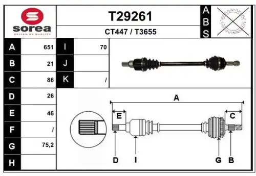 T29261 привод передний левый 651 мм акпп EAI T29261