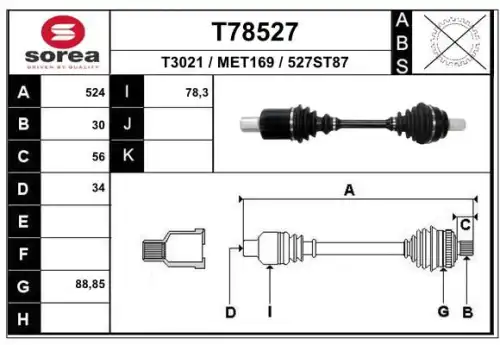 T78527 привод левый 524mm w/o abs EAI T78527