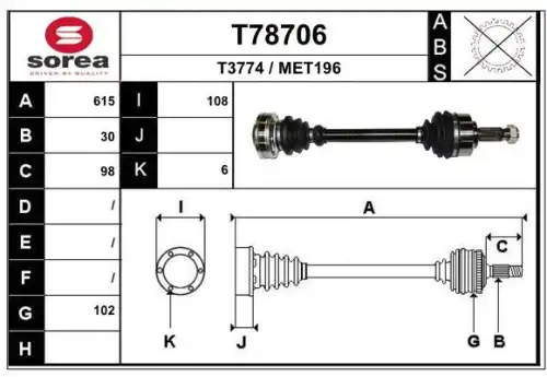 T78706 привод передний левый и правый 615 мм акпп EAI T78706