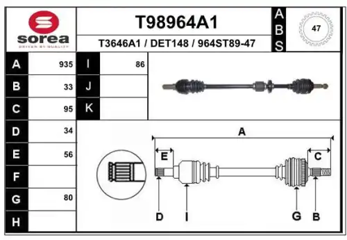 T98964a1 привод передний правый 935 мм abs EAI T98964A1
