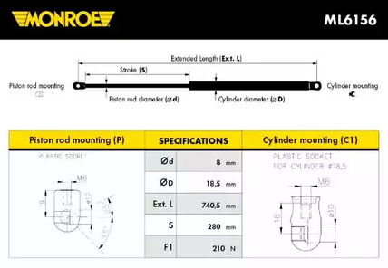 Газовая пружина капота MONROE ML6156