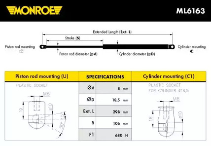 Газовая пружина капота MONROE ML6163