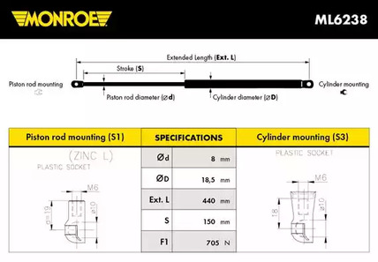 Газовая пружина крышки багажник MONROE ML6238