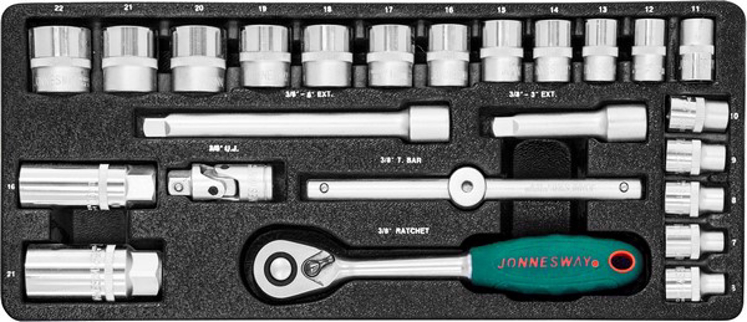 S04H3125S JONNESWAY НАБОР ГОЛОВОК ТОРЦЕВЫХ 3/8DR 6-22 ММ, 25 ПРЕДМЕТОВ