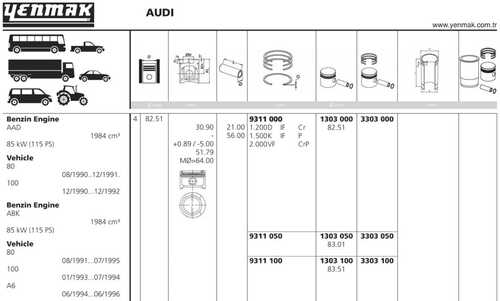 11-01303-050 YENMAK PY.1303.050_поршень! d82.5x1.2x1.5x2 +0.5\ Audi 80/100/A6, VW Golf/Passat 2.0i 90>