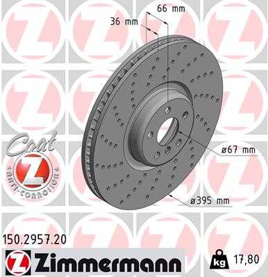 Диск тоpм bmw 5 6 6 15- пер лев вент 5 отв перфо 395x36 ZIMMERMANN 150.2957.20