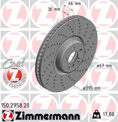 Диск тоpм bmw 5 6 6 15- пер прав вент 5 отв перфо 395x36 ZIMMERMANN 150.2958.20