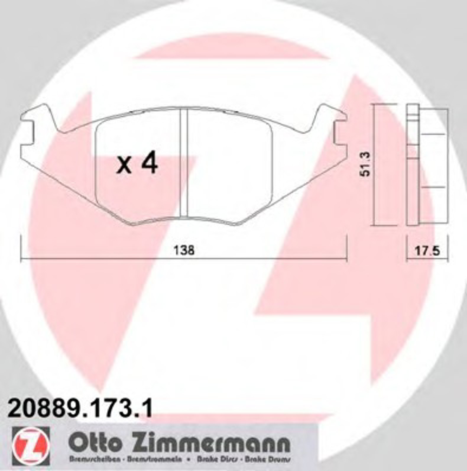 Колодки торм vw golf ii 1.1-1.6/jetta 1.1-1.6/polo 1.0-1.4 seat cordoba 1.0/1.4 f 88/02- ZIMMERMANN 20889.173.1