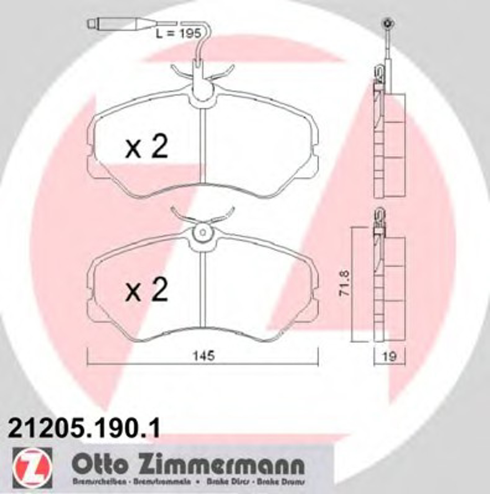 21205.190.1 ZIMMERMANN КОЛОДКИ ТОРМ PGT J5 81-94 1.8ТОННЫ ПЕР