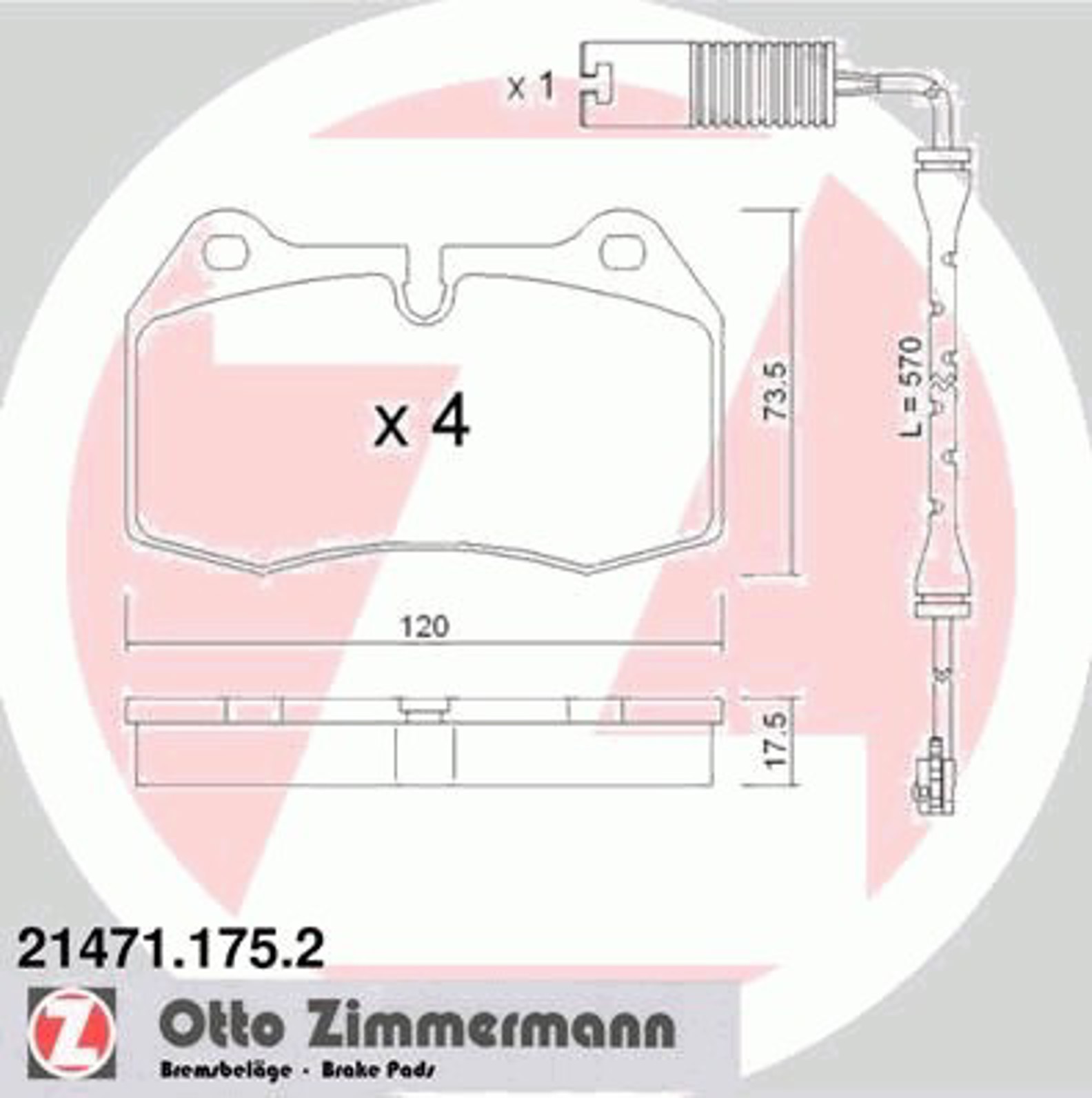 21471.175.2 ZIMMERMANN КОЛОДКИ ТОРМ. ПЕР. BMW E38 725/728/730/735 96->/E31 840 94->