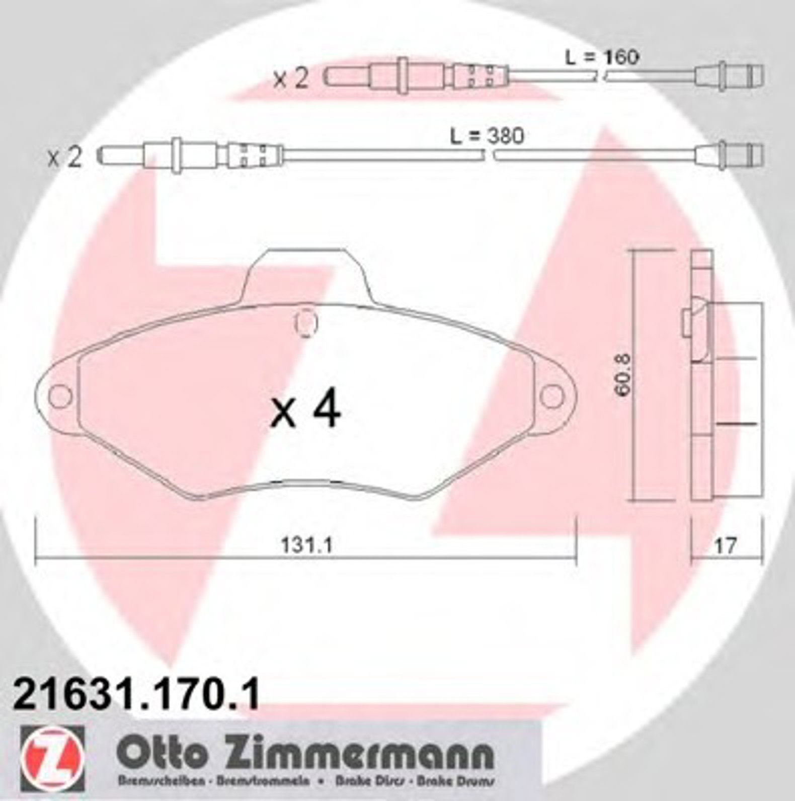 21631.170.1 ZIMMERMANN КОЛОДКИ ТОРМ К-КТ CITROEN XANTIA 1,6I-2,0I/1,9D/TD 93>