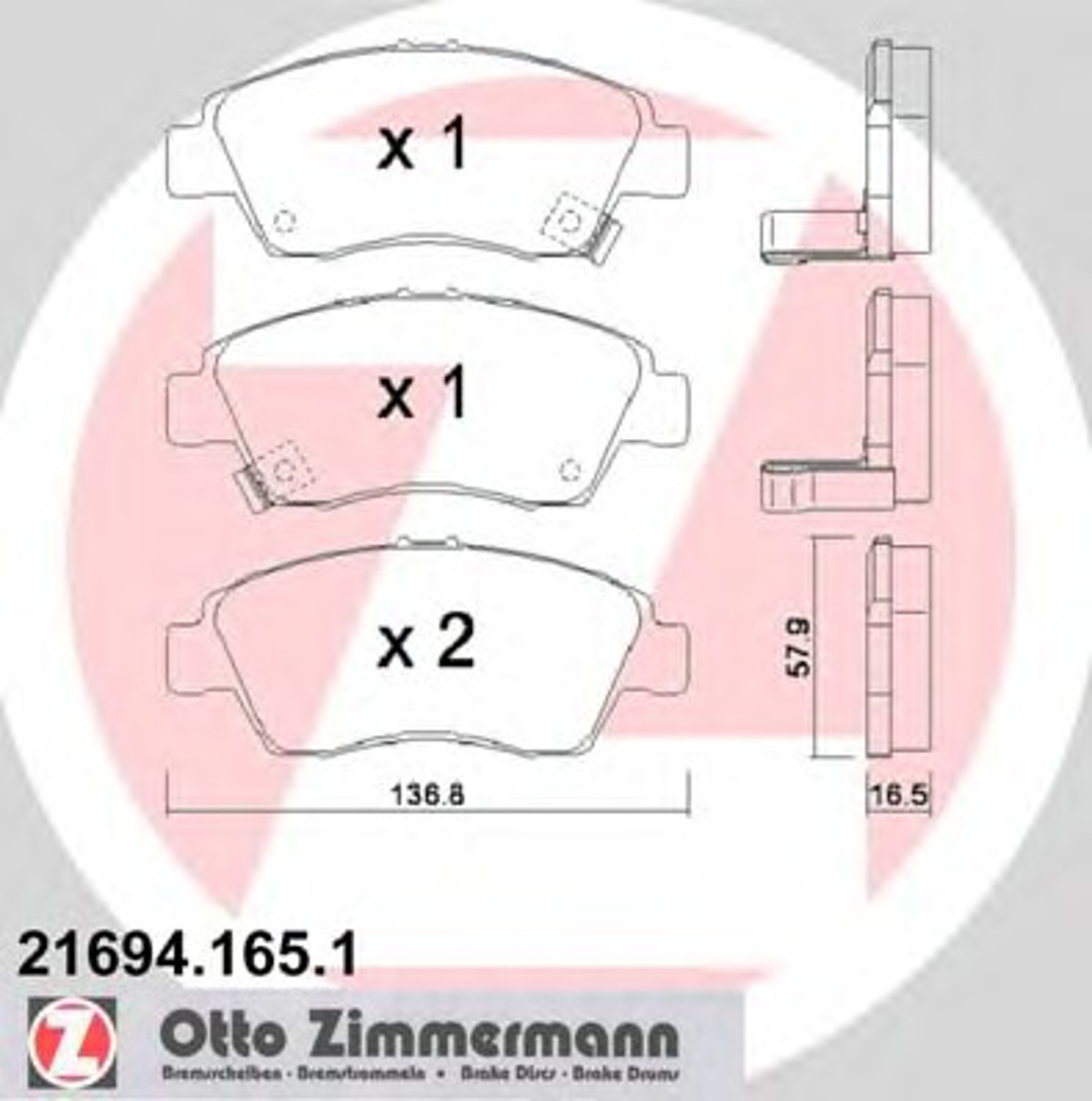 21694.165.1 ZIMMERMANN КОЛОДКИ ТОРМ ДИСК. HONDA CIVIC (01-) 1,6 I-16V