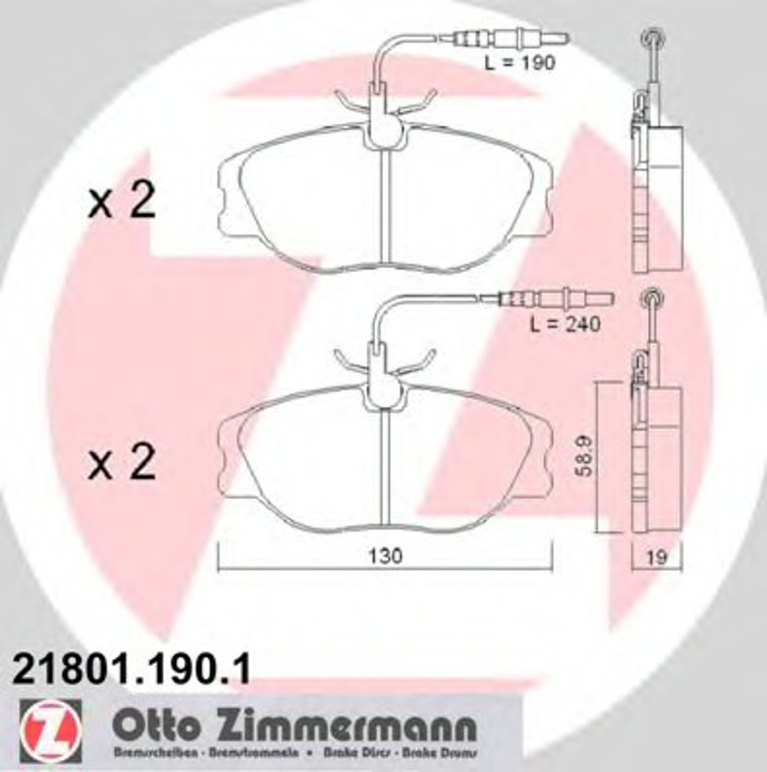 21801.190.1 ZIMMERMANN КОЛОДКИ ТОРМ ПЕР. PEUGEOT 806 2.0-2. 1TD, CITROEN JUMPY 1.6-2.0D 94-01/FIAT ULISSE/LANC