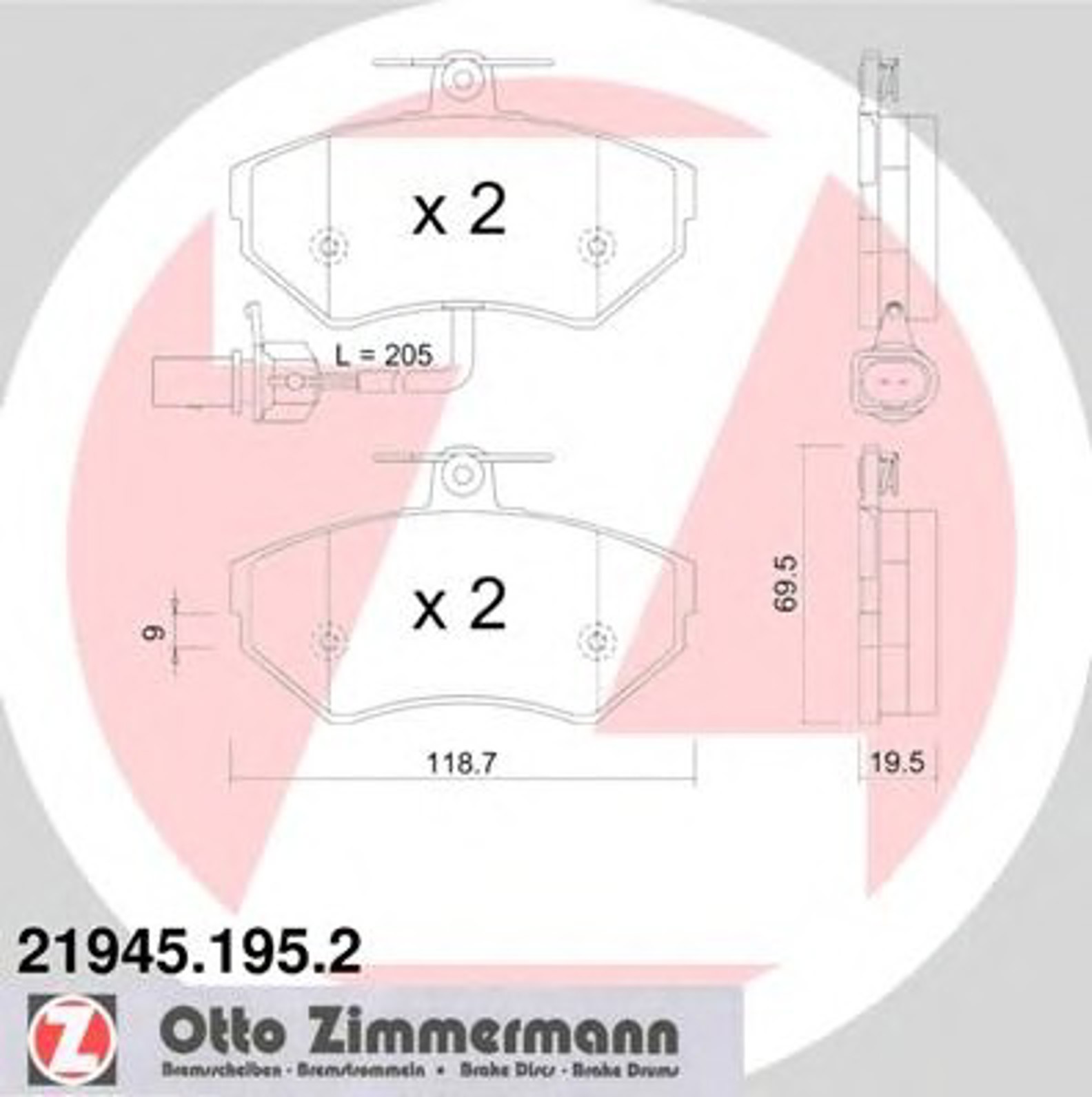 21945.195.2 ZIMMERMANN КОЛОДКИ ТОРМ VW PASSAT (B5) ВСЕ МОДЕЛИ ПЕР С ДАТЧ 95/05-<<