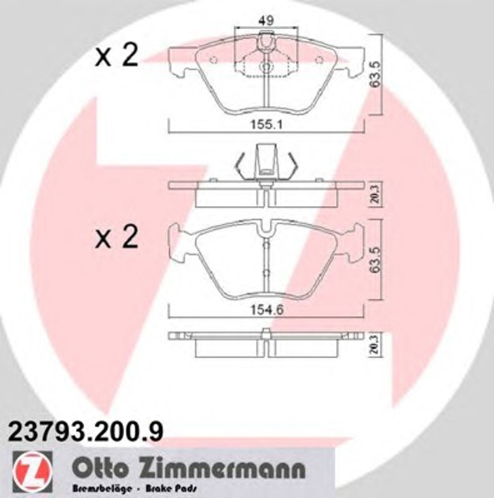 23793.200.9 ZIMMERMANN КОЛОДКИ ТОРМ ДИСК. BMW 5/7-СЕРИИ E60/E61/E65/E66 03->